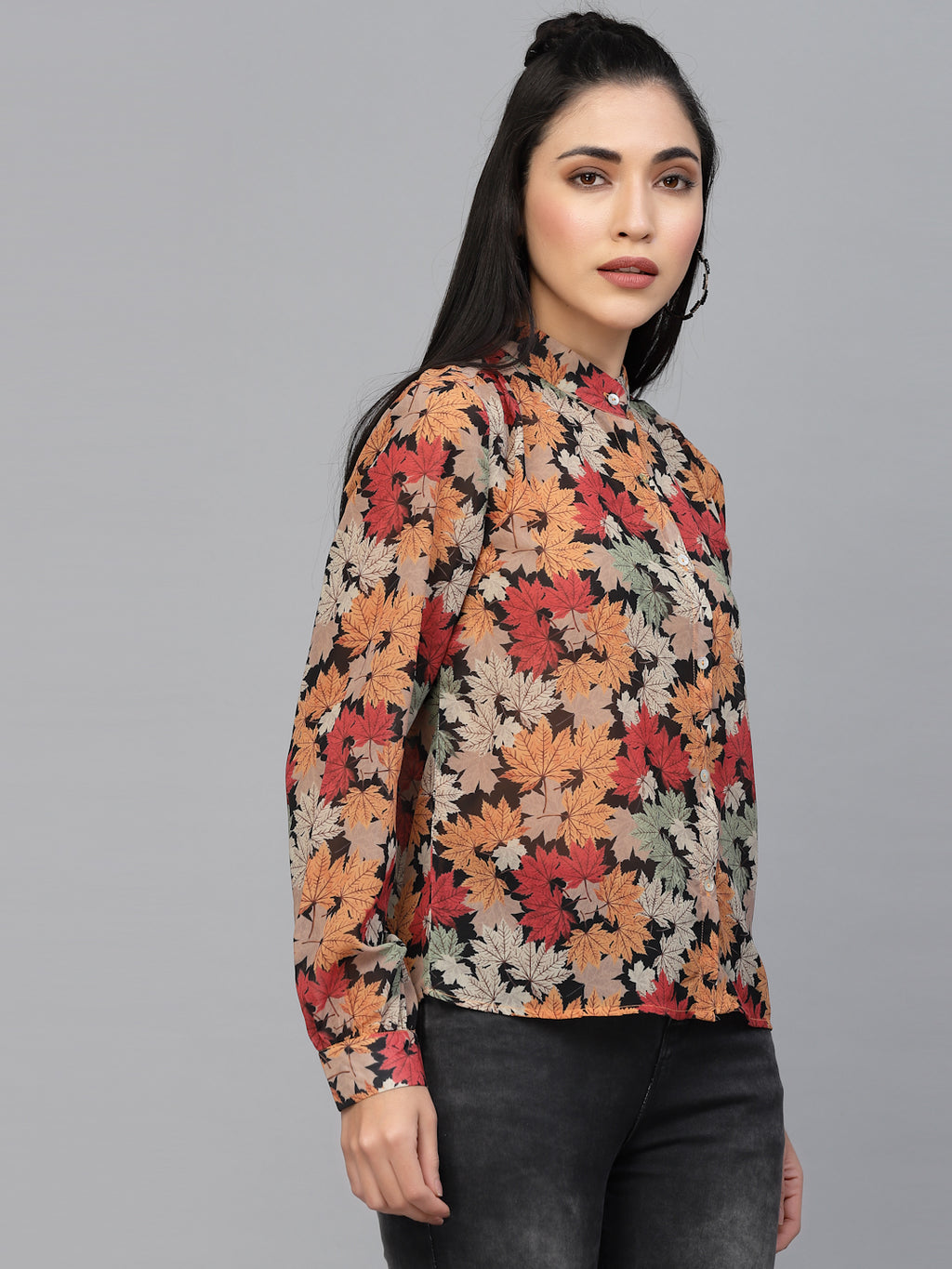 Valbone Women’s Orange Georgette Printed Shirt