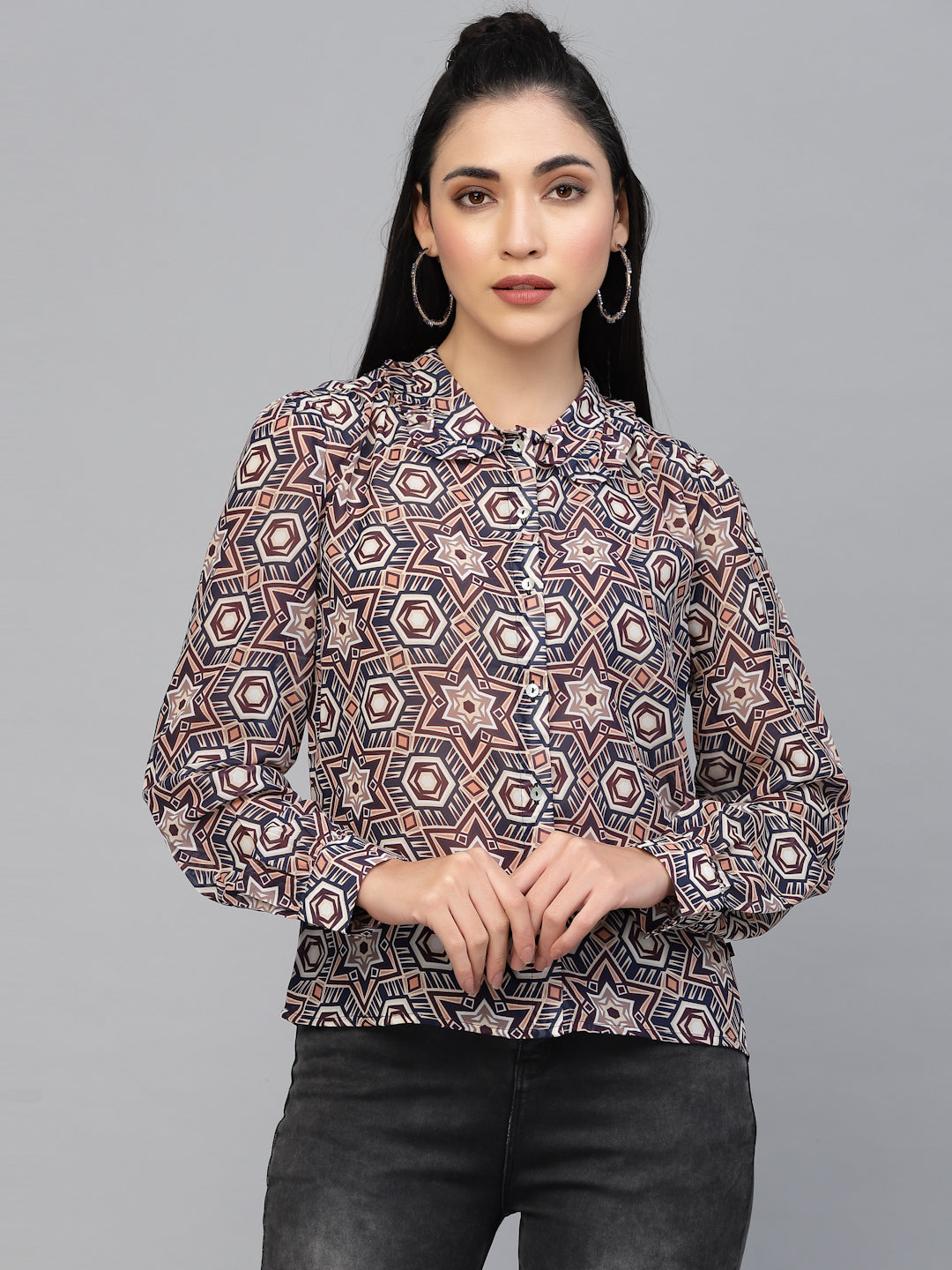 Valbone Women’s Pink Georgette Geometric Printed Shirt