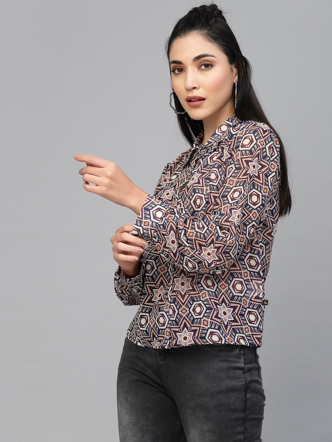 Valbone Women’s Pink Georgette Geometric Printed Shirt