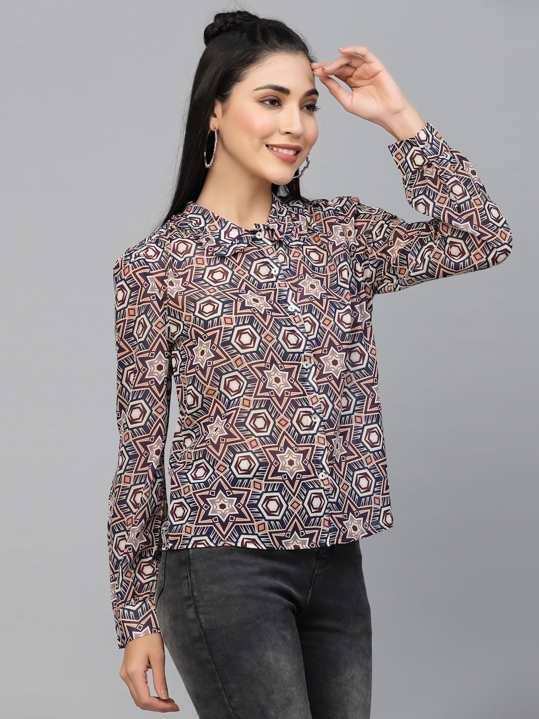 Valbone Women’s Pink Georgette Geometric Printed Shirt