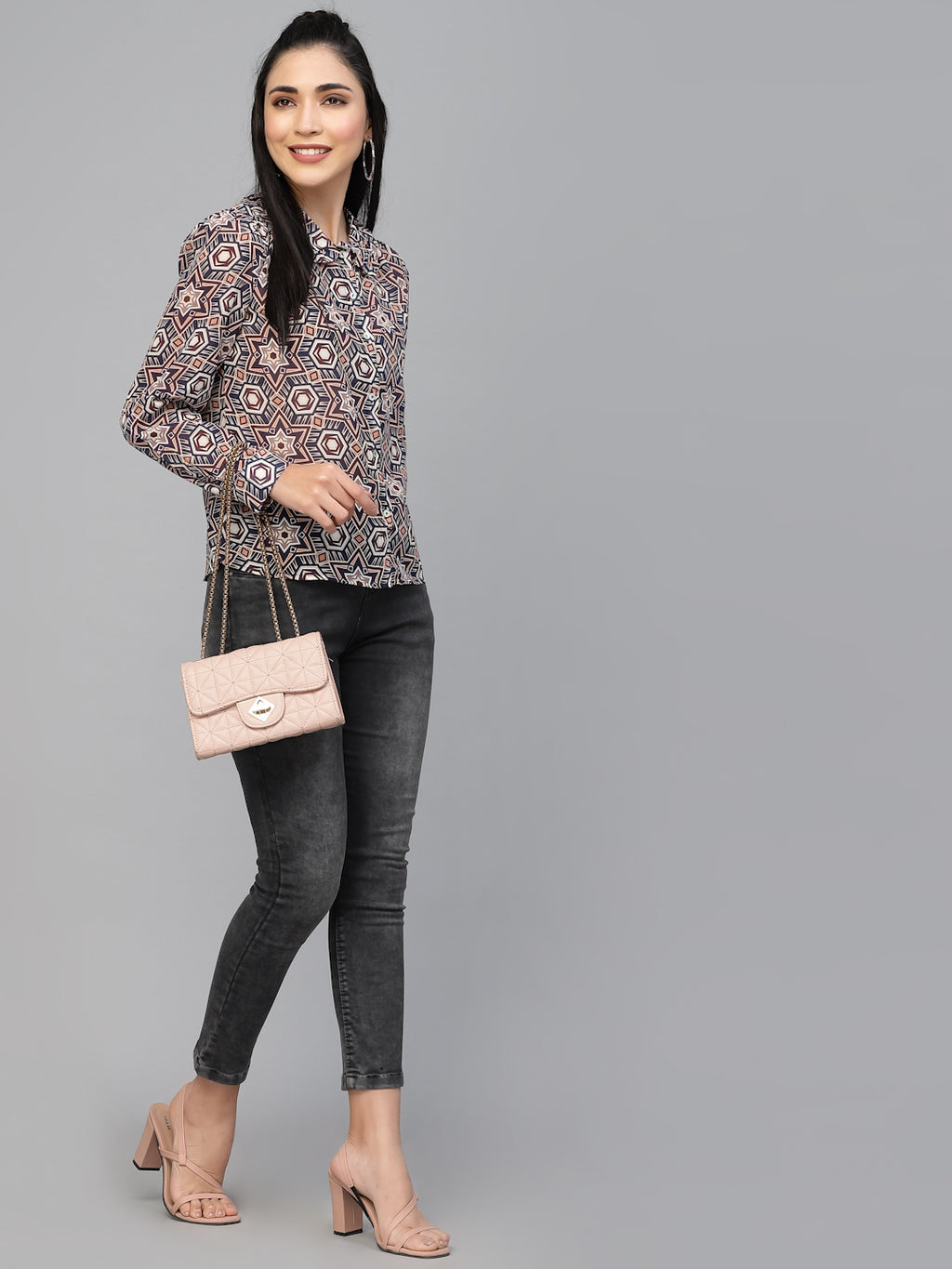 Valbone Women’s Pink Georgette Geometric Printed Shirt