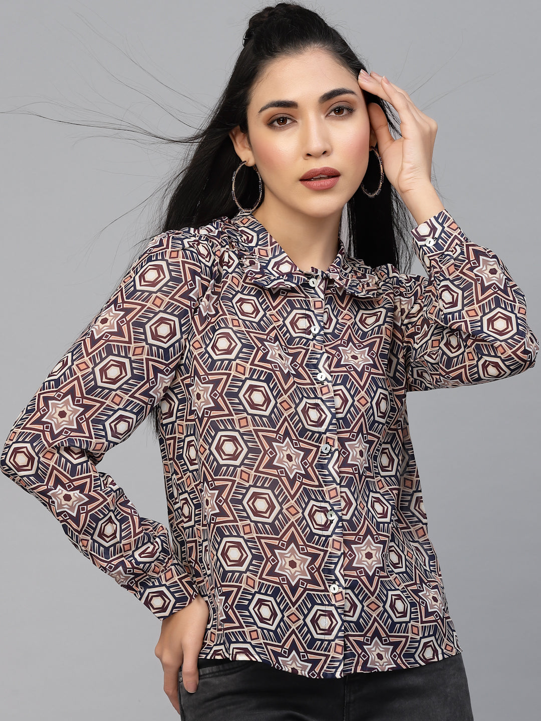 Valbone Women’s Pink Georgette Geometric Printed Shirt