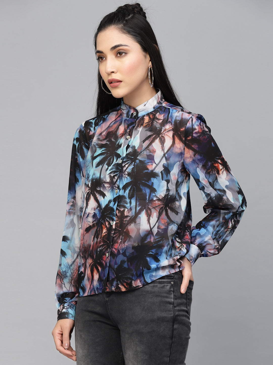 Valbone Women’s Blue Georgette Printed Shirt