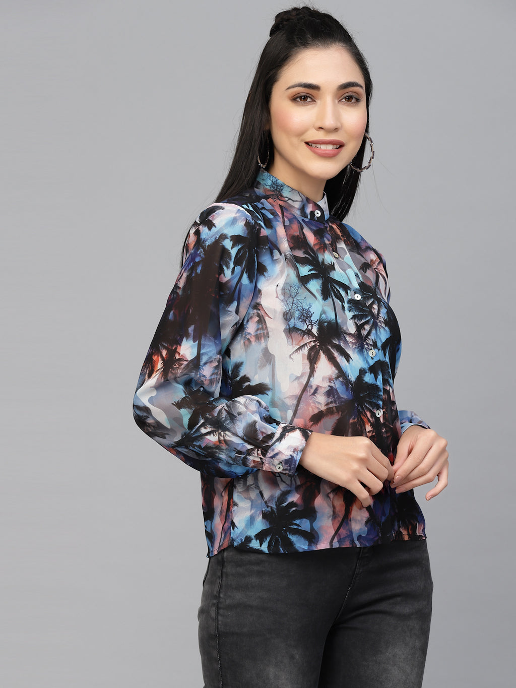 Valbone Women’s Blue Georgette Printed Shirt