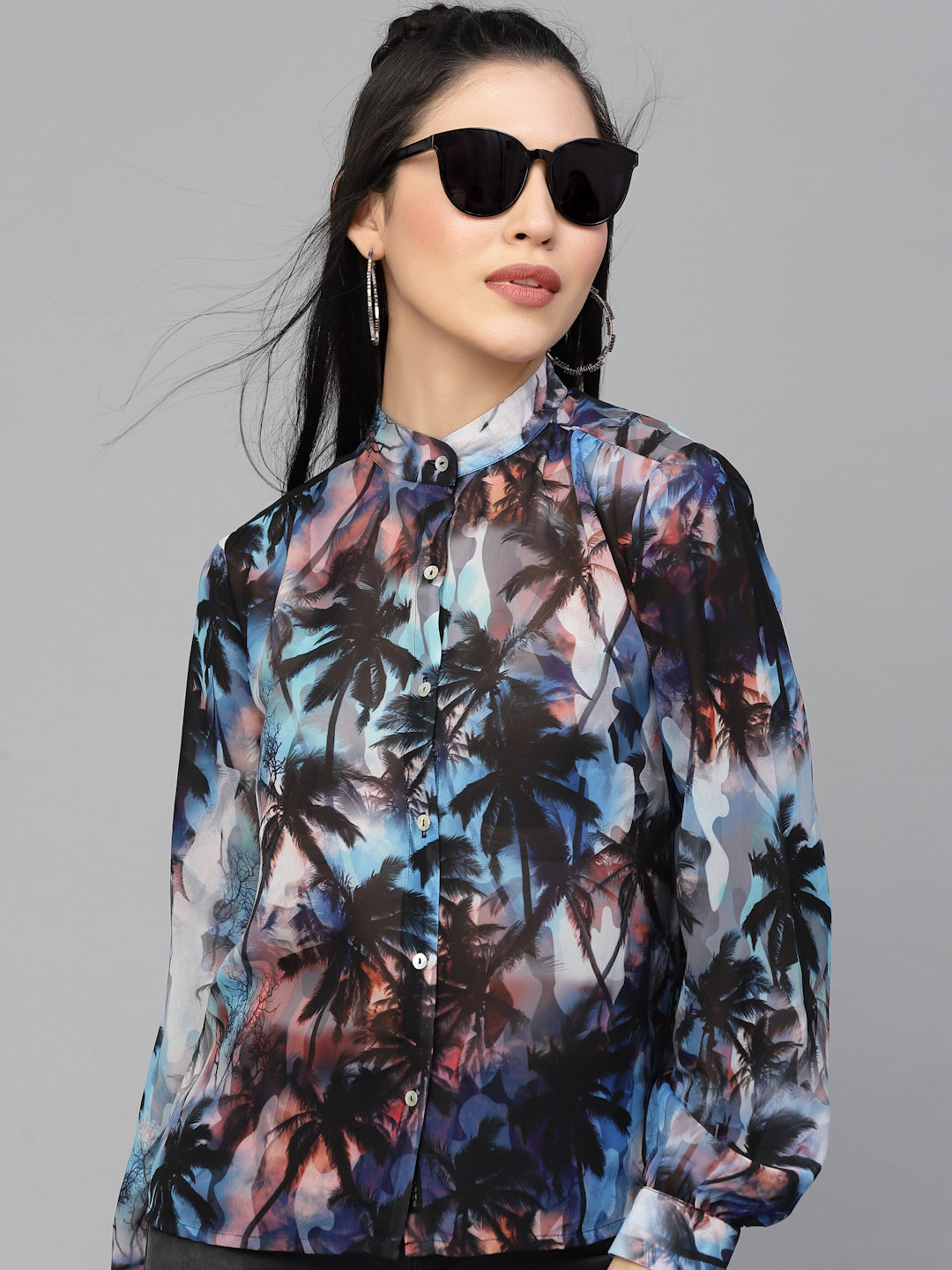 Valbone Women’s Blue Georgette Printed Shirt