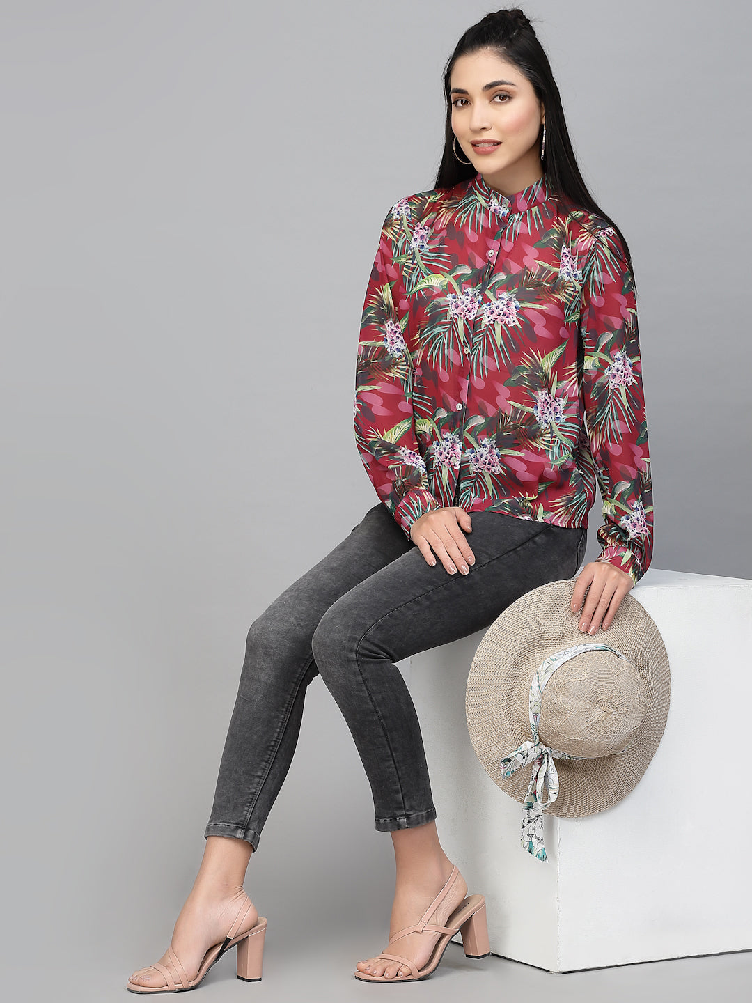 Valbone Women’s Red Georgette Printed Shirt