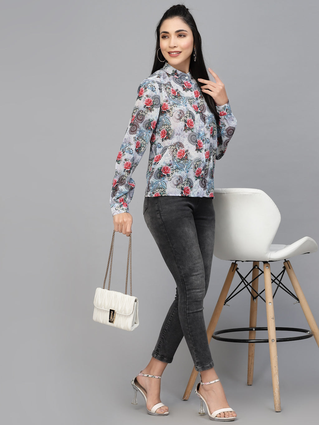 Valbone Women’s Off-White Georgette Floral Printed Shirt Full Sleeves