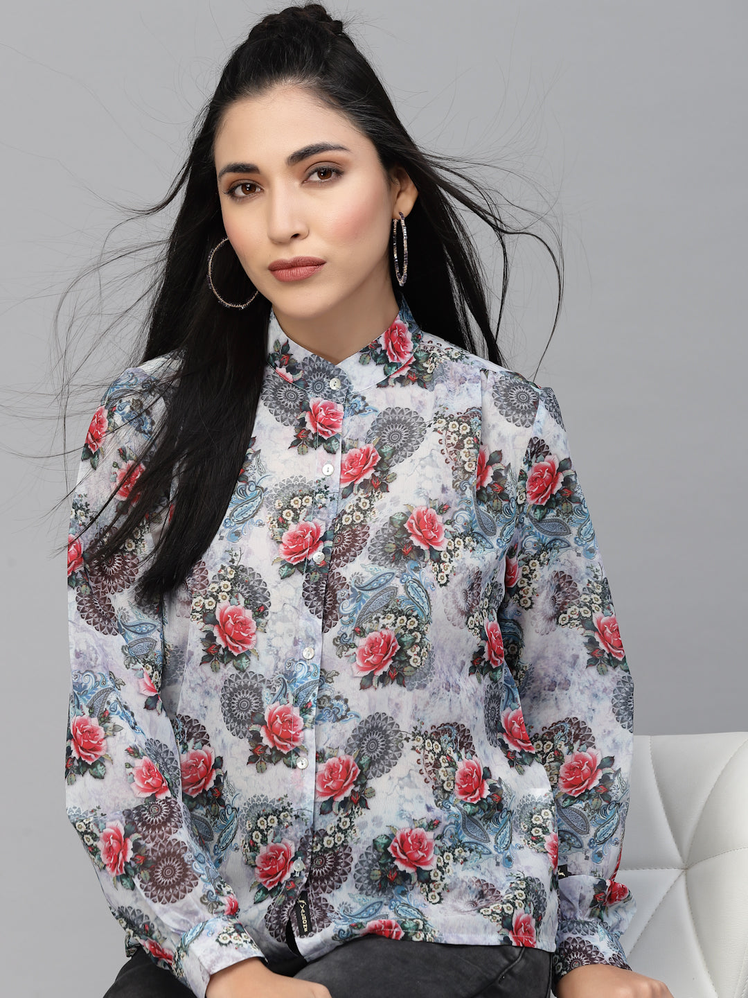 Valbone Women’s Off-White Georgette Floral Printed Shirt Full Sleeves