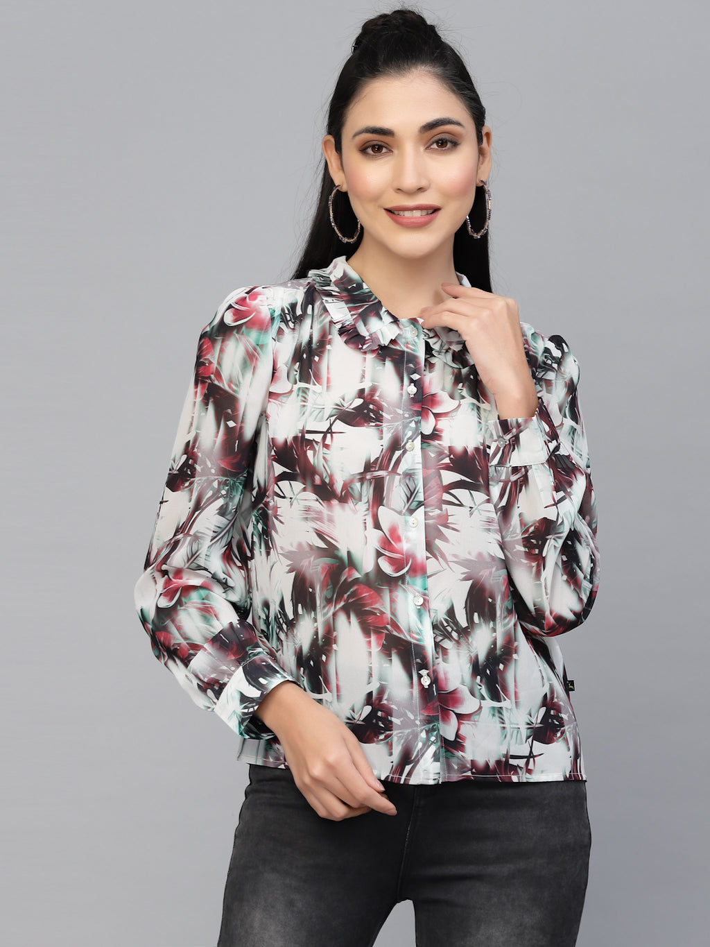 Valbone Women’s Maroon Georgette Floral Printed Shirt Full Sleeves