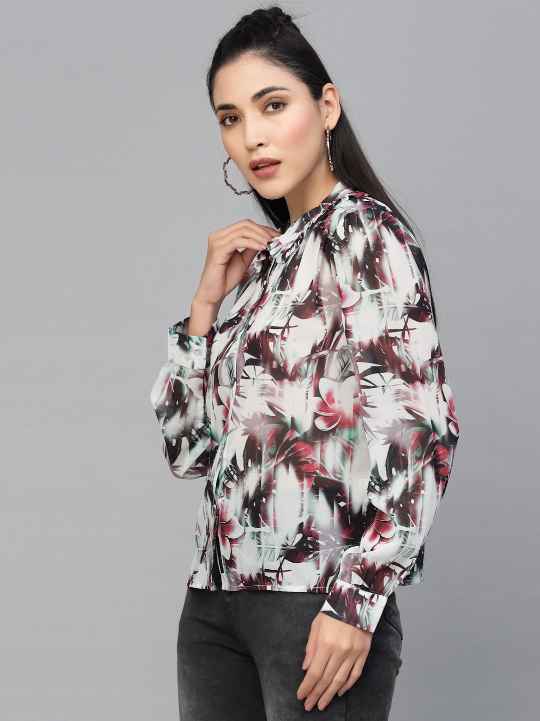 Valbone Women’s Maroon Georgette Floral Printed Shirt Full Sleeves