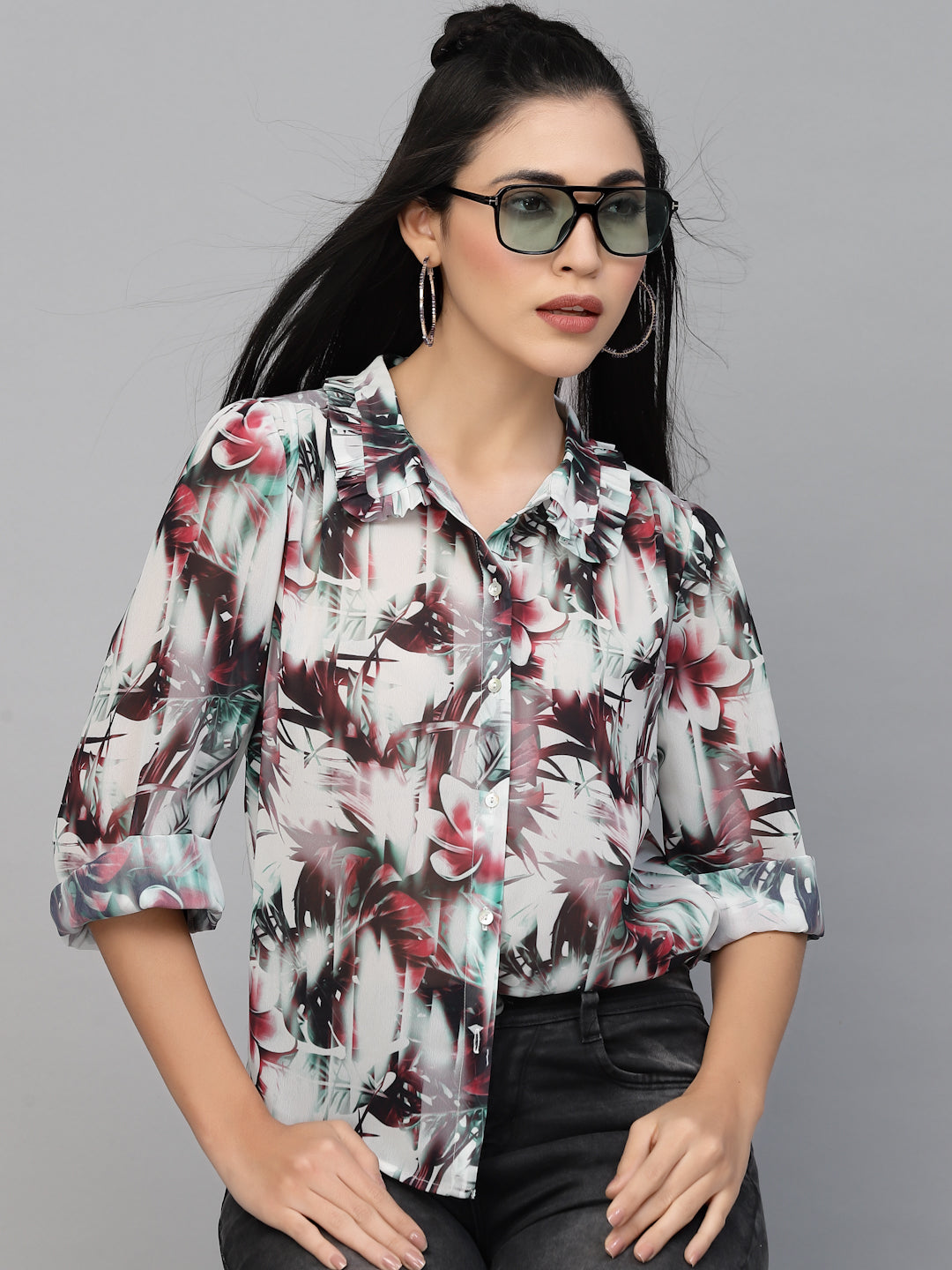 Valbone Women’s Maroon Georgette Floral Printed Shirt Full Sleeves