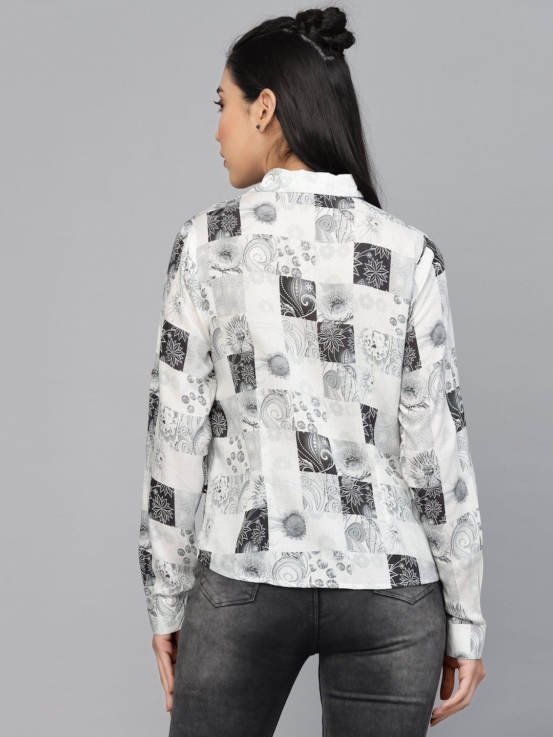 Valbone Women’s White & Black Rayon Modal Silk Floral Printed Shirt