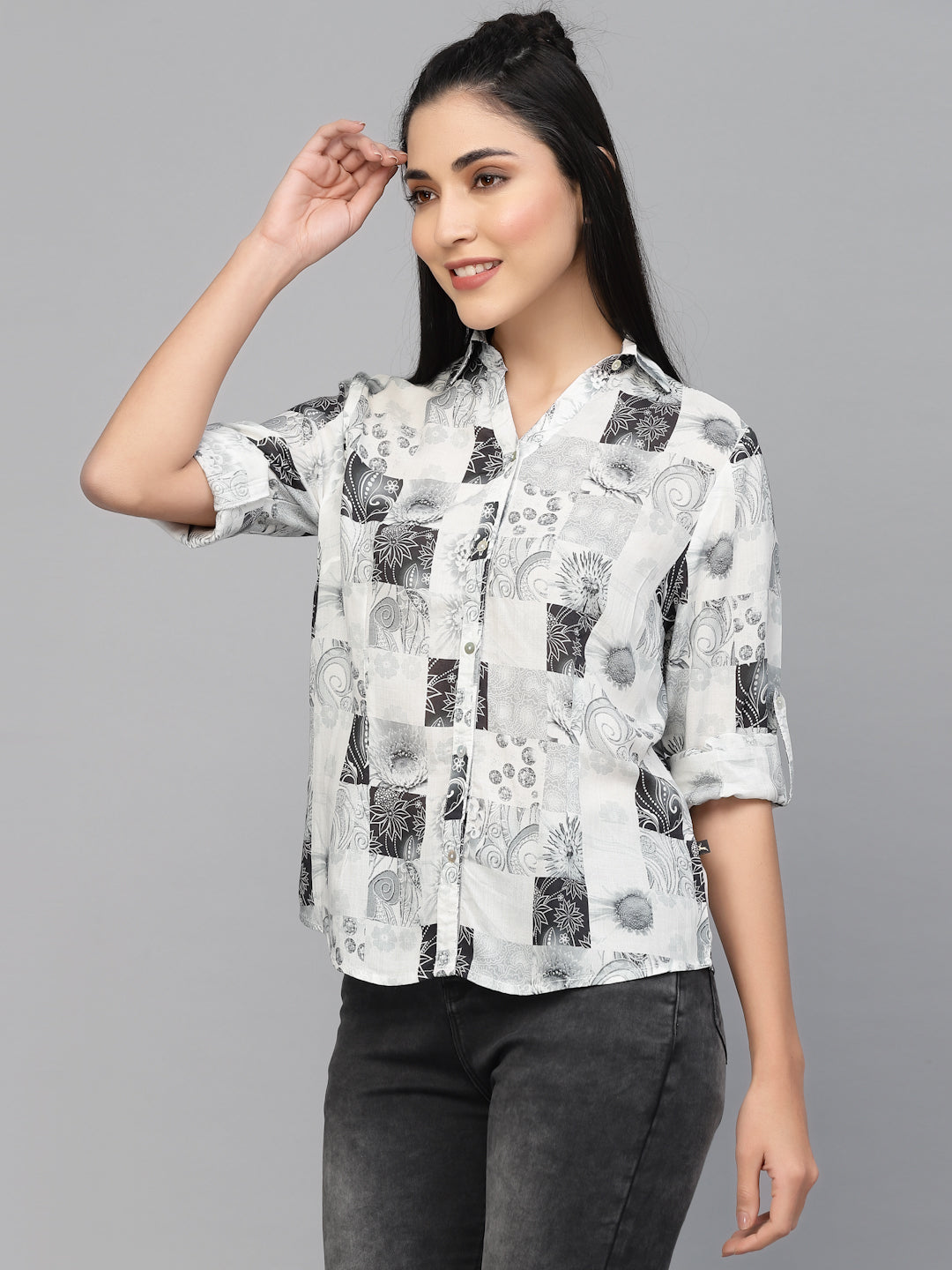 Valbone Women’s White & Black Rayon Modal Silk Floral Printed Shirt