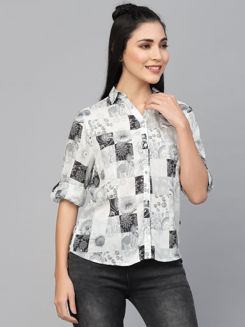 Valbone Women’s White & Black Rayon Modal Silk Floral Printed Shirt