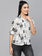 Valbone Women’s White & Black Rayon Modal Silk Floral Printed Shirt