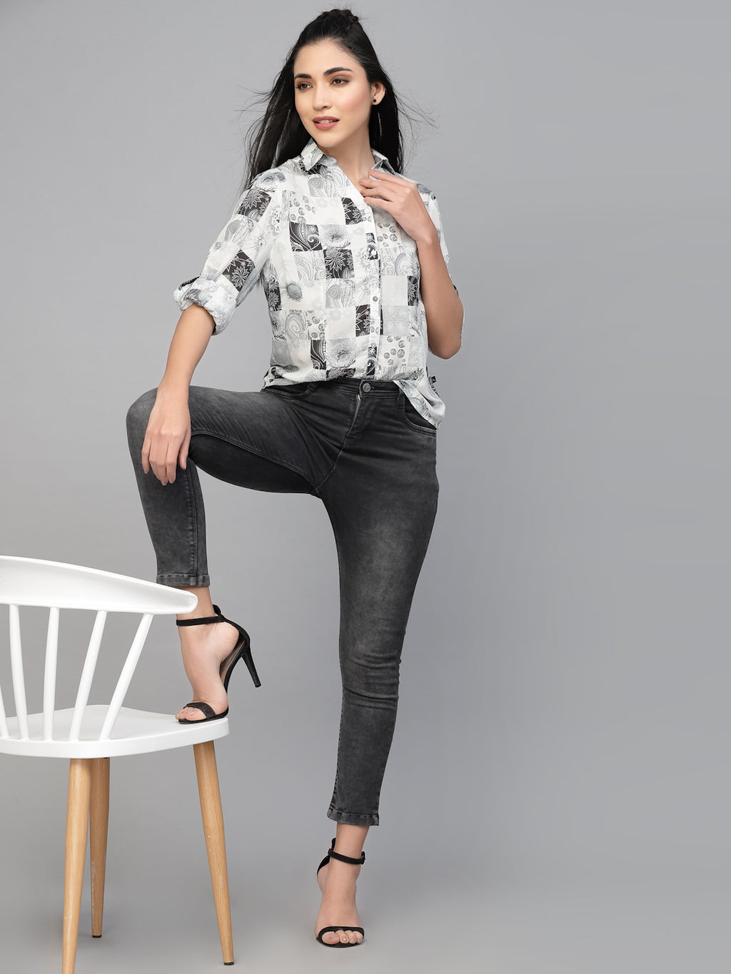 Valbone Women’s White & Black Rayon Modal Silk Floral Printed Shirt