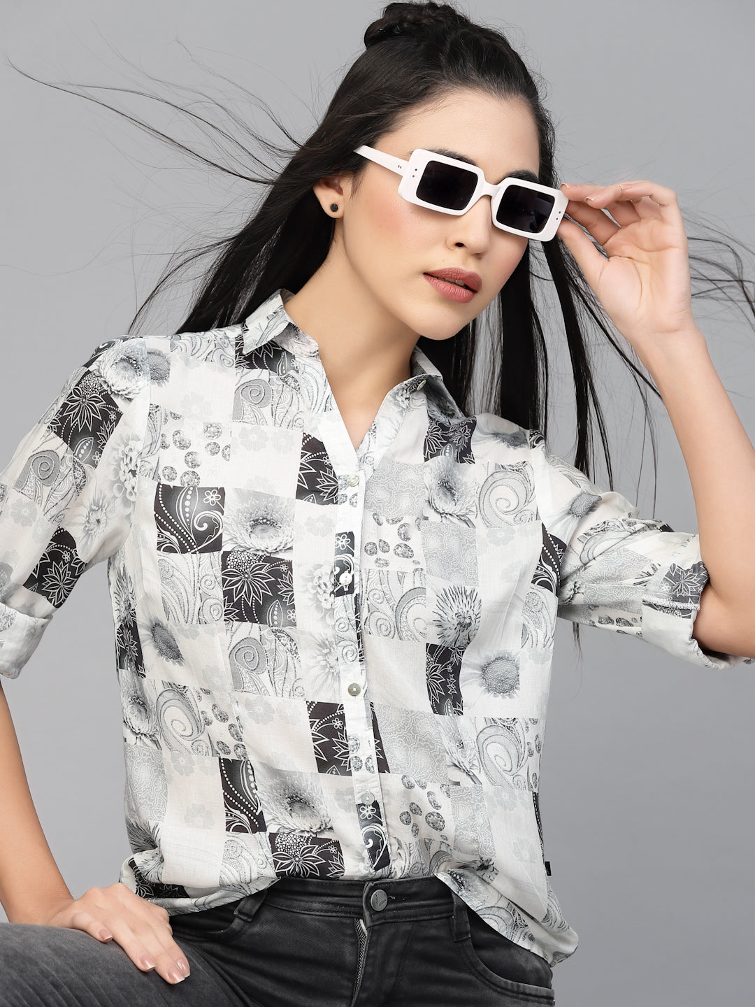 Valbone Women’s White & Black Rayon Modal Silk Floral Printed Shirt
