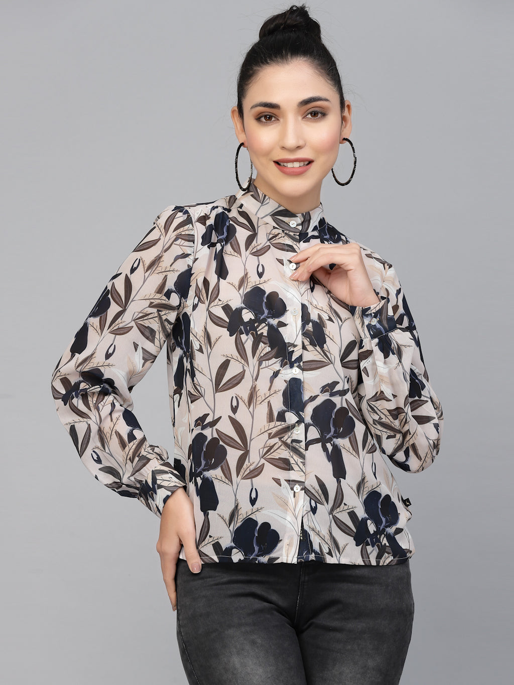 Valbone Women’s Navy Blue Georgette Printed Shirt