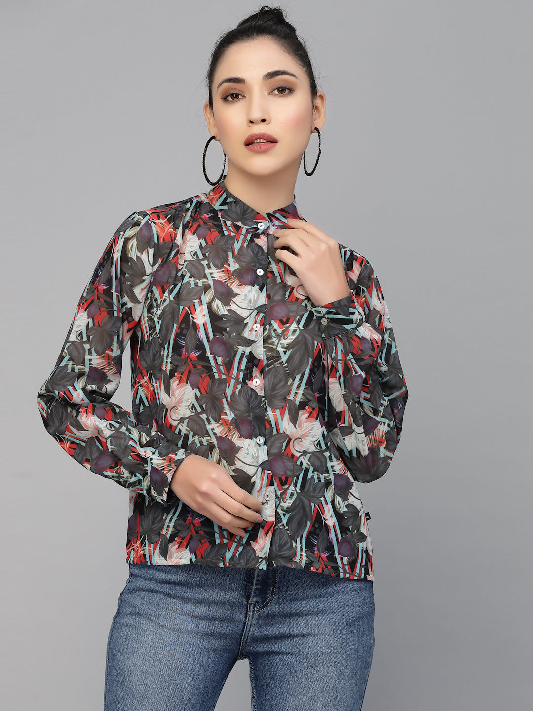 Valbone Women’s Grey Georgette Printed Shirt