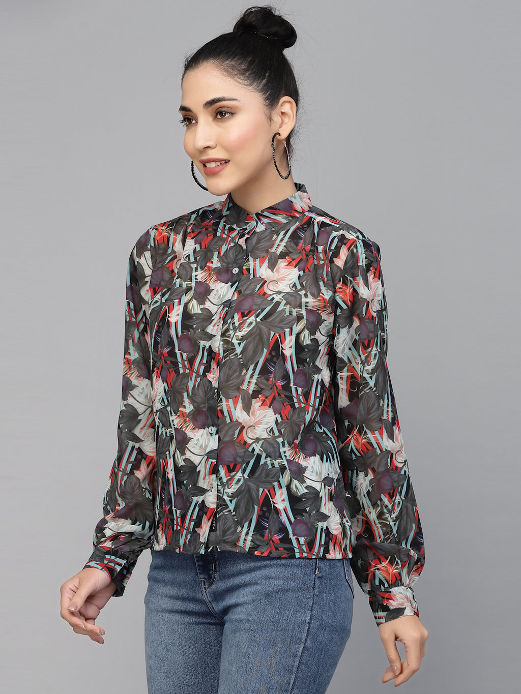 Valbone Women’s Grey Georgette Printed Shirt