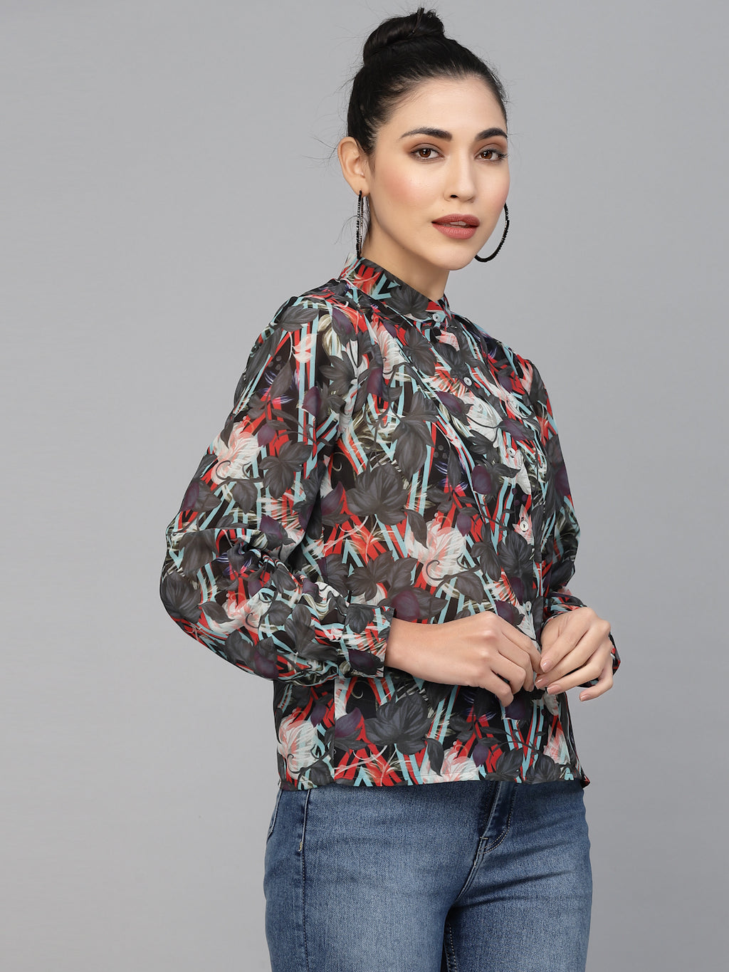 Valbone Women’s Grey Georgette Printed Shirt