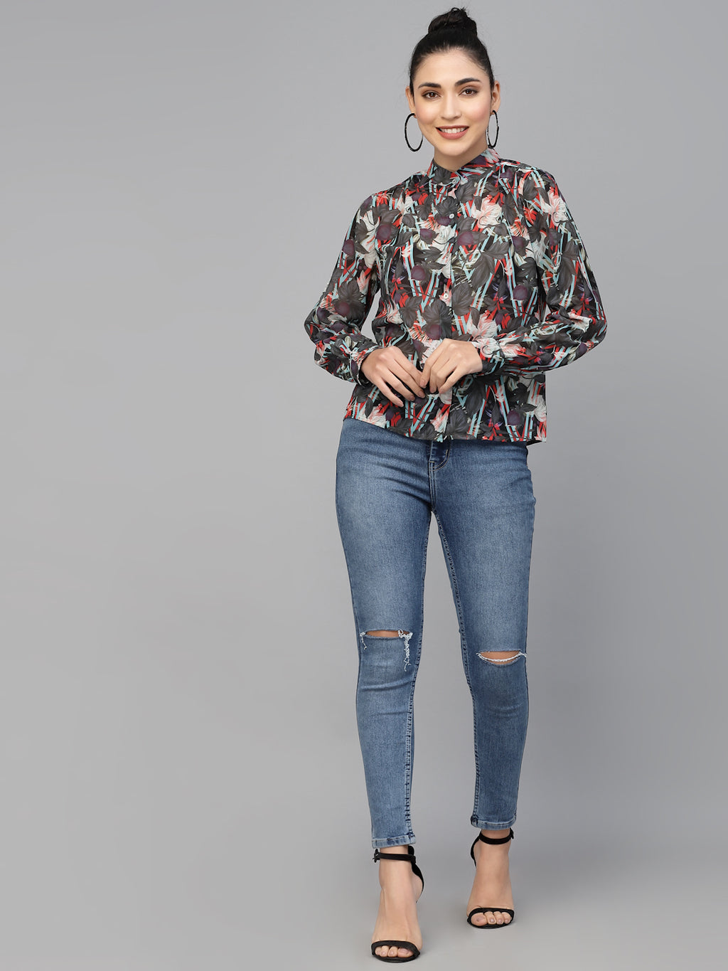 Valbone Women’s Grey Georgette Printed Shirt