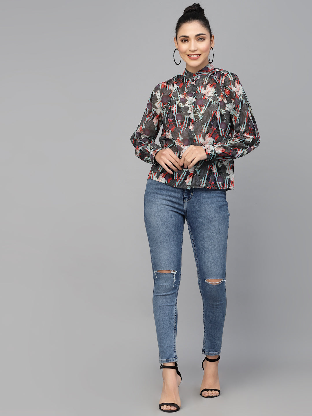 Valbone Women’s Grey Georgette Printed Shirt