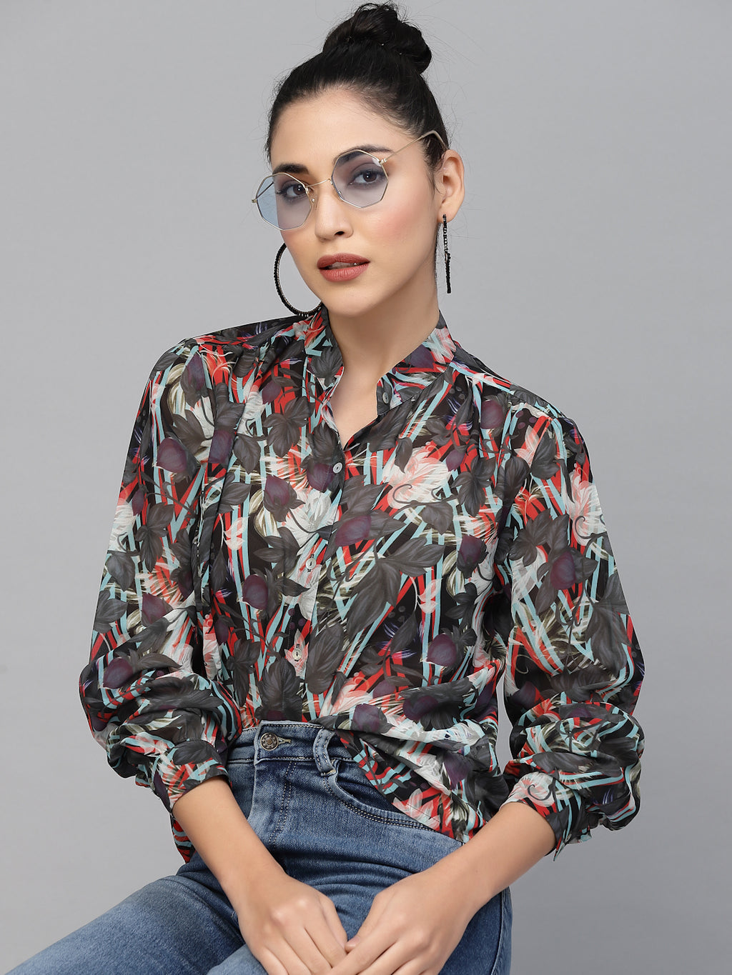 Valbone Women’s Grey Georgette Printed Shirt