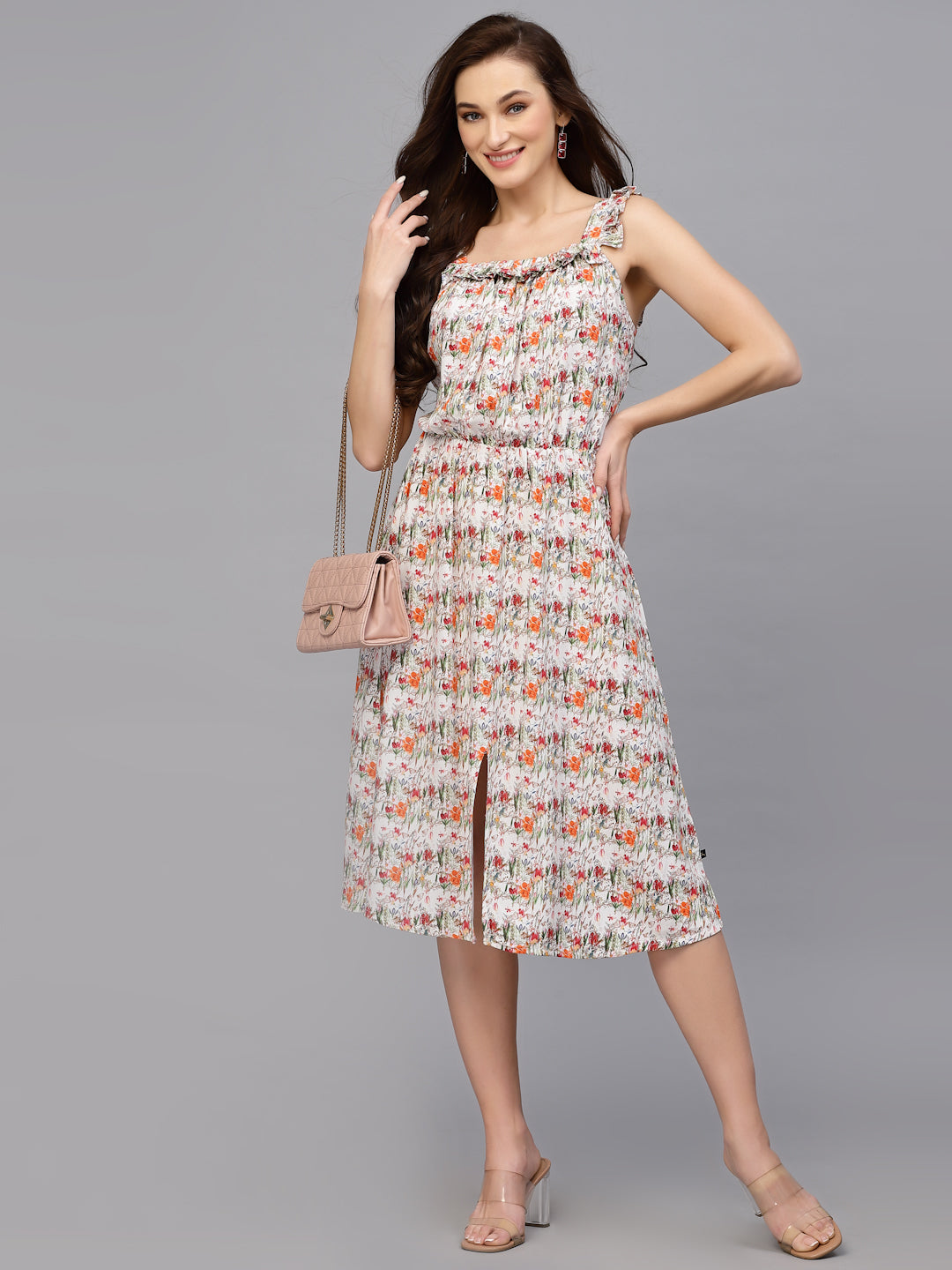 Valbone Women’s Orange Viscose Floral Print Dress