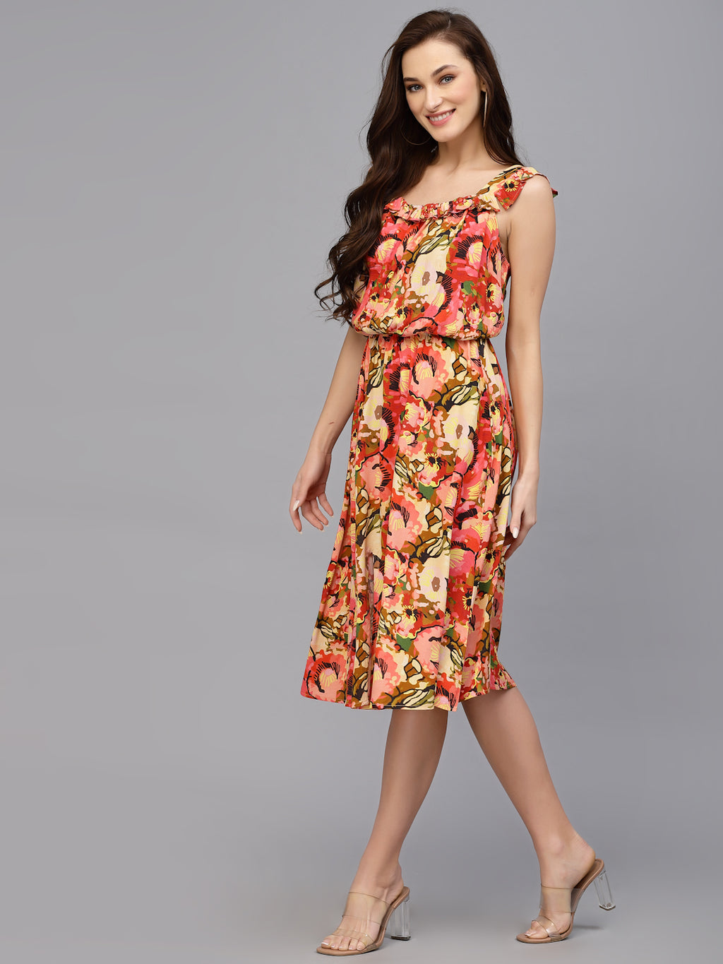 Red Viscose Floral Print Dress