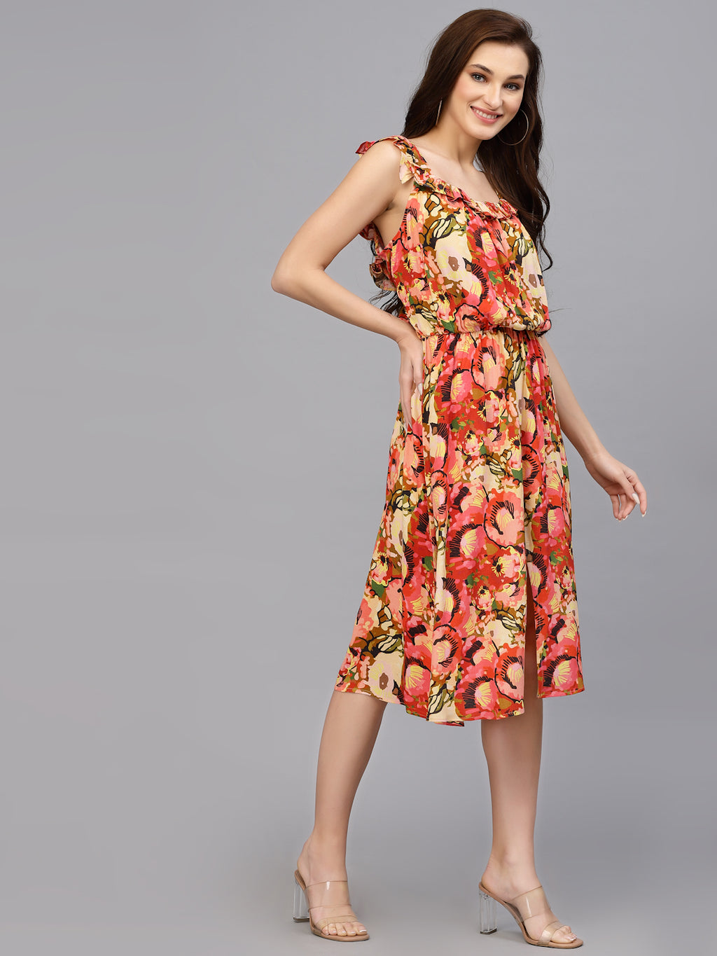 Red Viscose Floral Print Dress