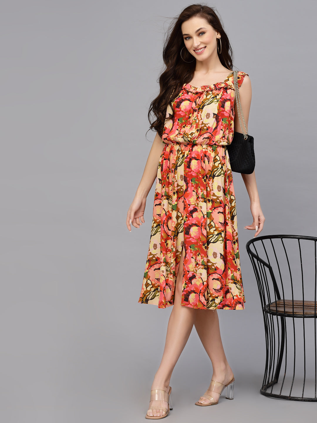 Red Viscose Floral Print Dress