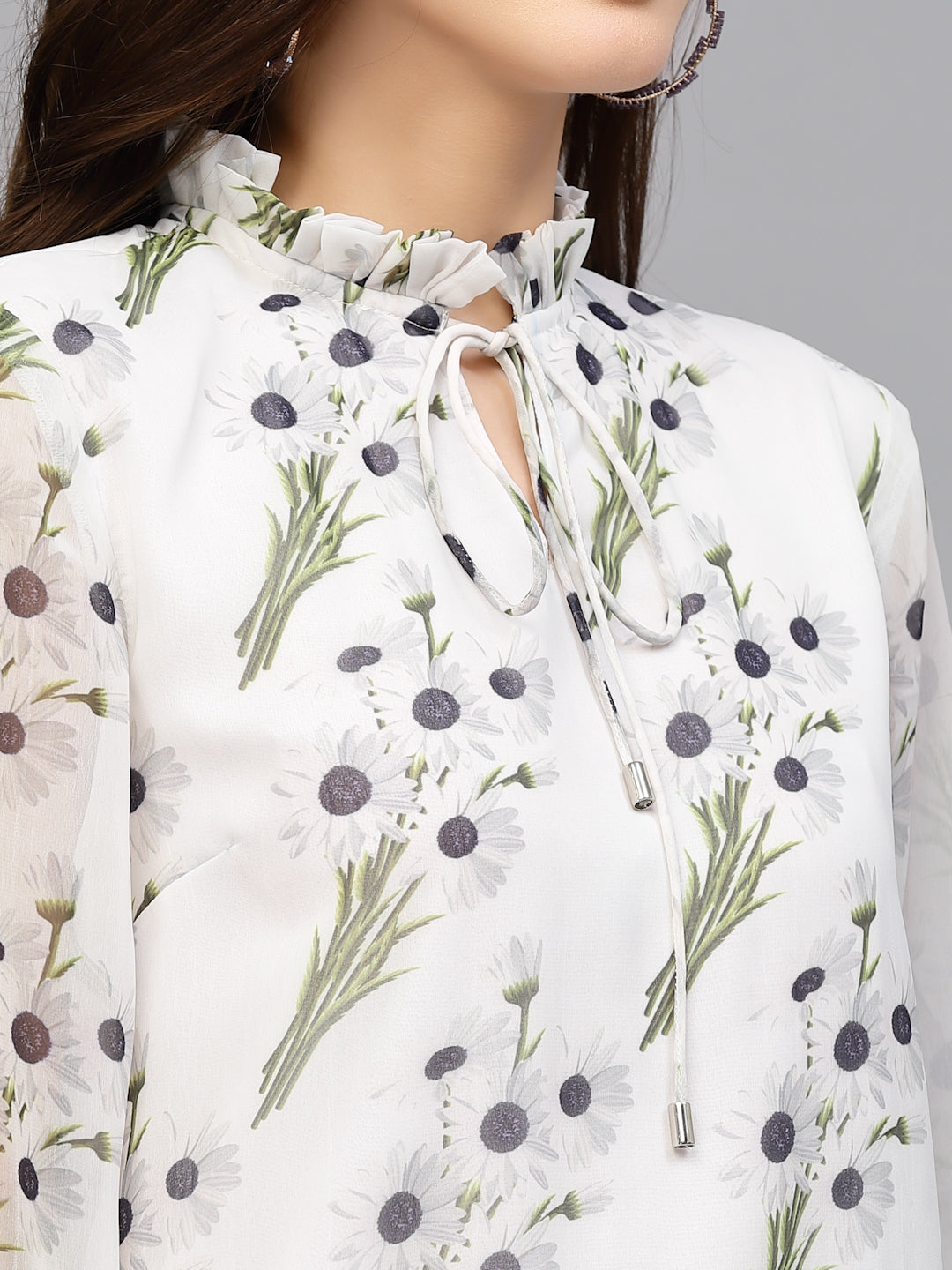 Valbone Women’s White Georgette Floral Printed Dress Tie Pattern Neck