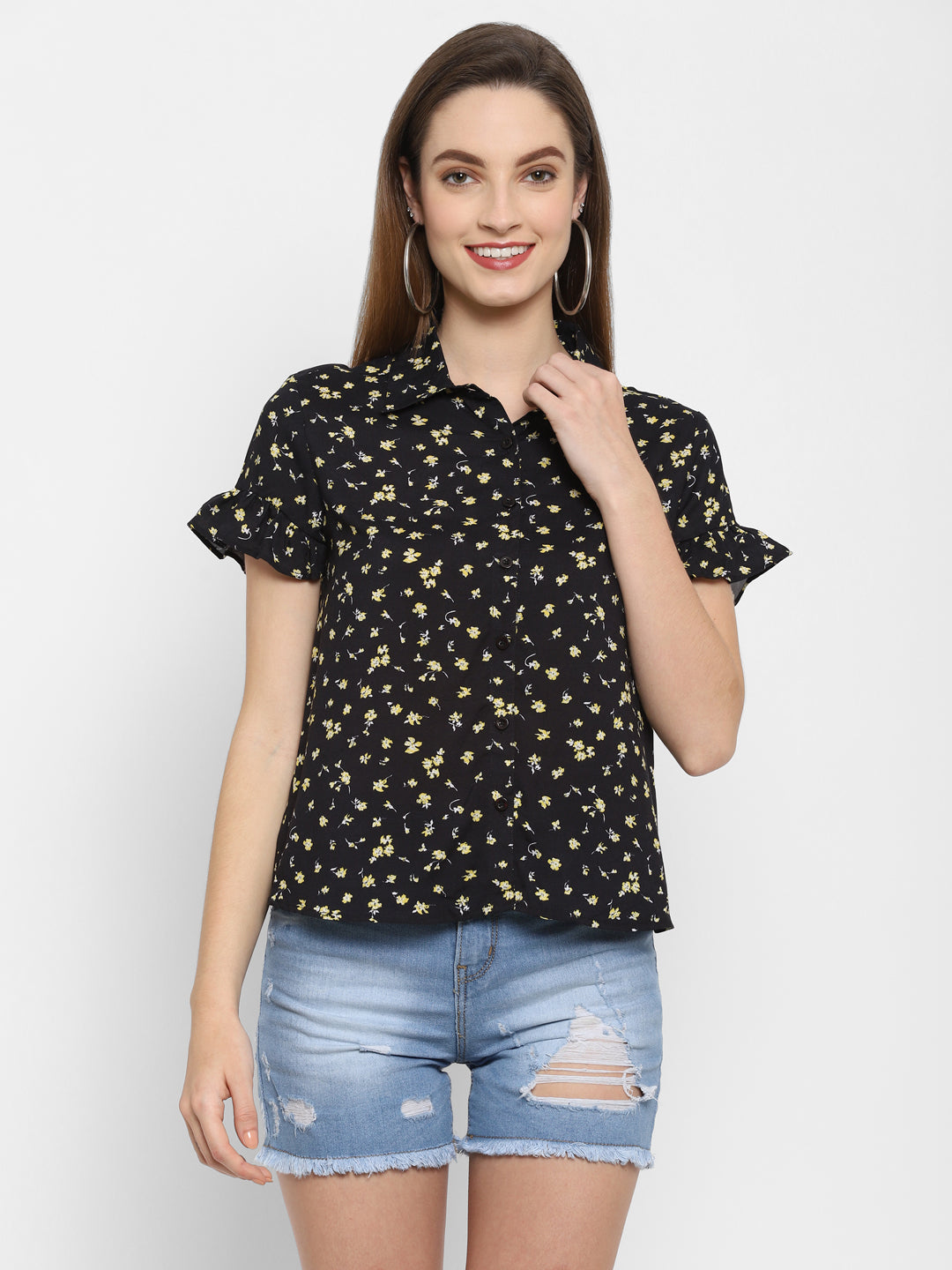 Valbone Women’s Black Viscose Floral Printed Shirt