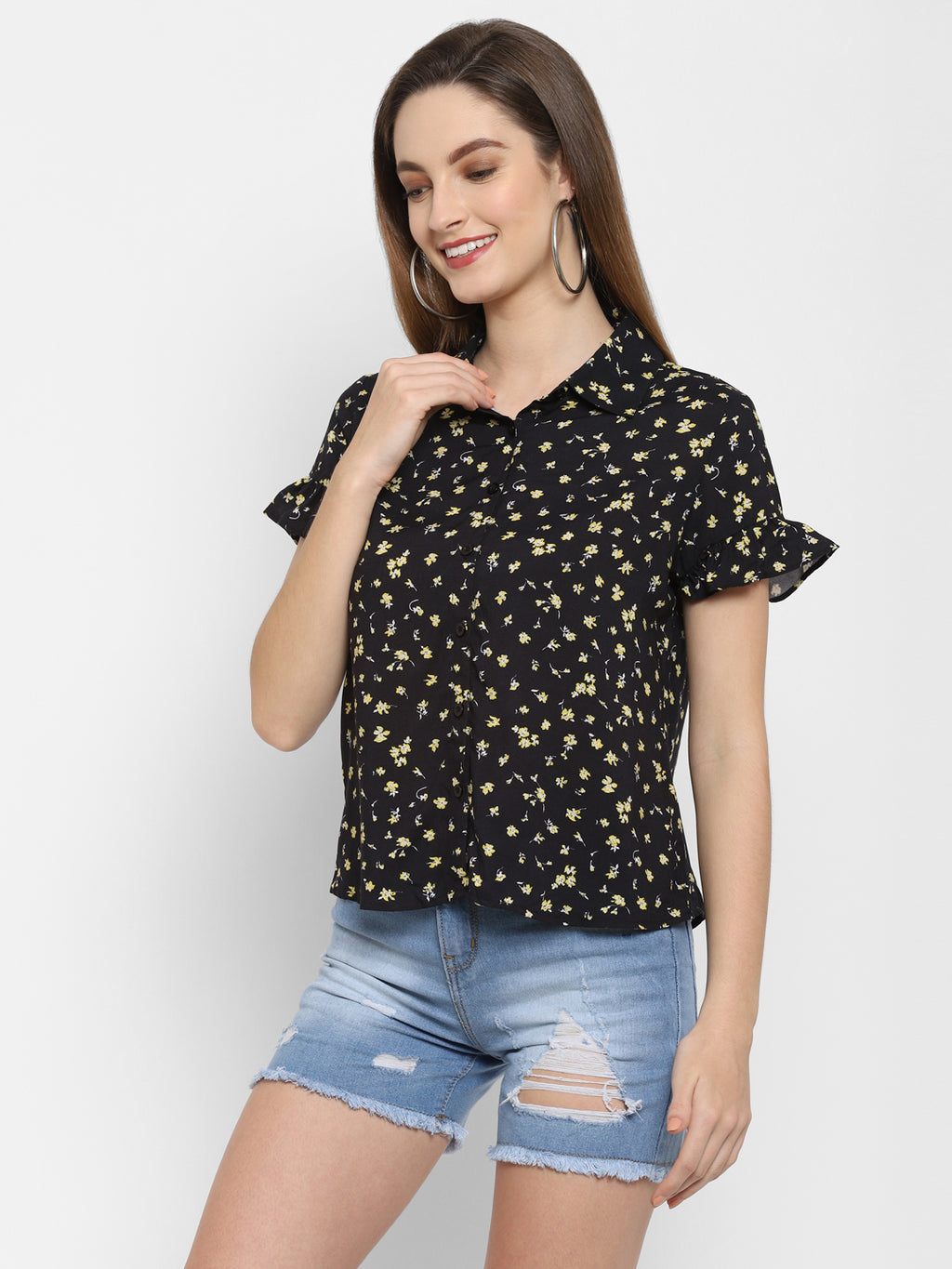 Valbone Women’s Black Viscose Floral Printed Shirt
