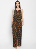 Valbone Women’s Black & Peach Viscose Floral Printed Tie Pattern Jumpsuit Sleeveless