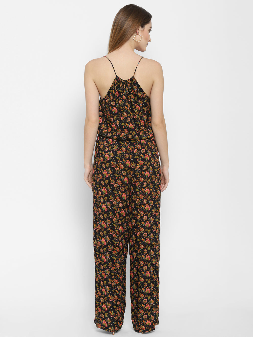 Valbone Women’s Black & Peach Viscose Floral Printed Tie Pattern Jumpsuit Sleeveless