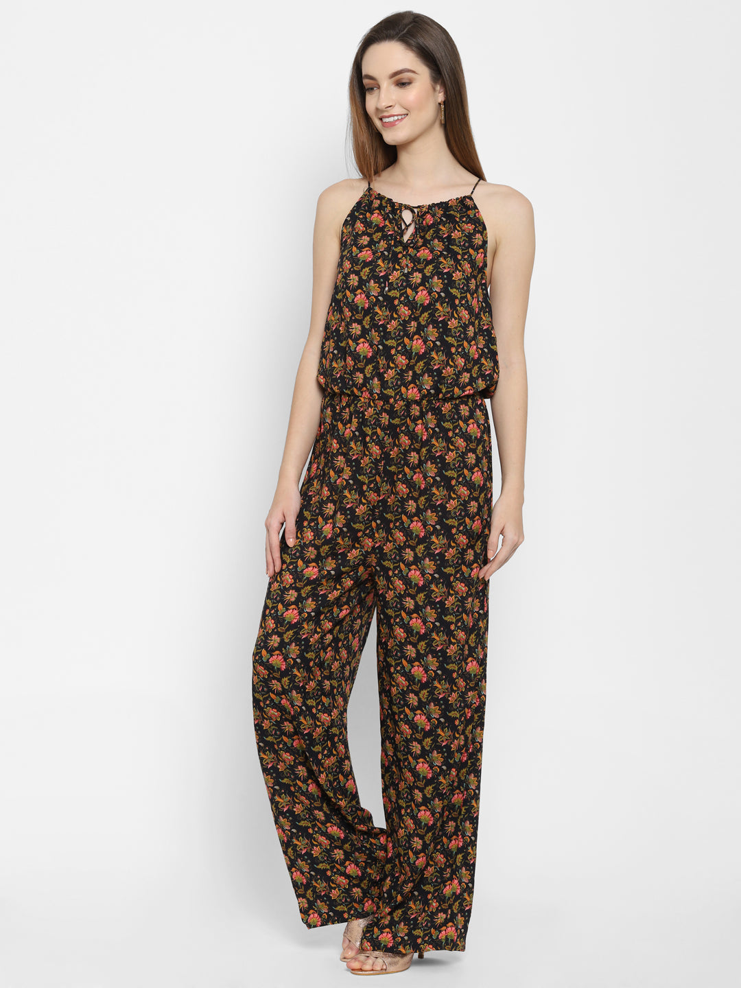 Valbone Women’s Black & Peach Viscose Floral Printed Tie Pattern Jumpsuit Sleeveless