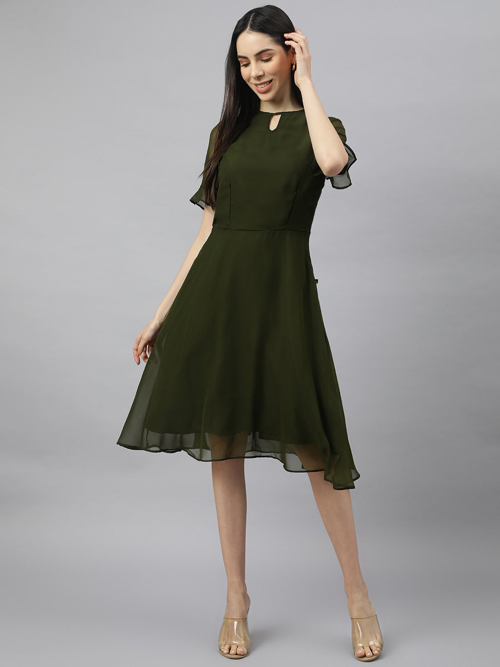 Green solid Midi Dress