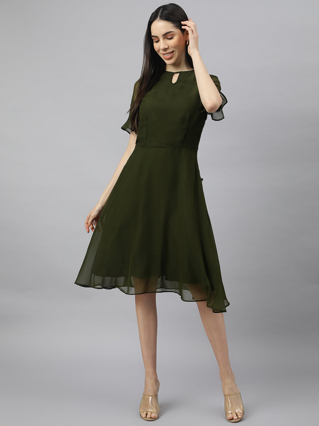 Green solid Midi Dress