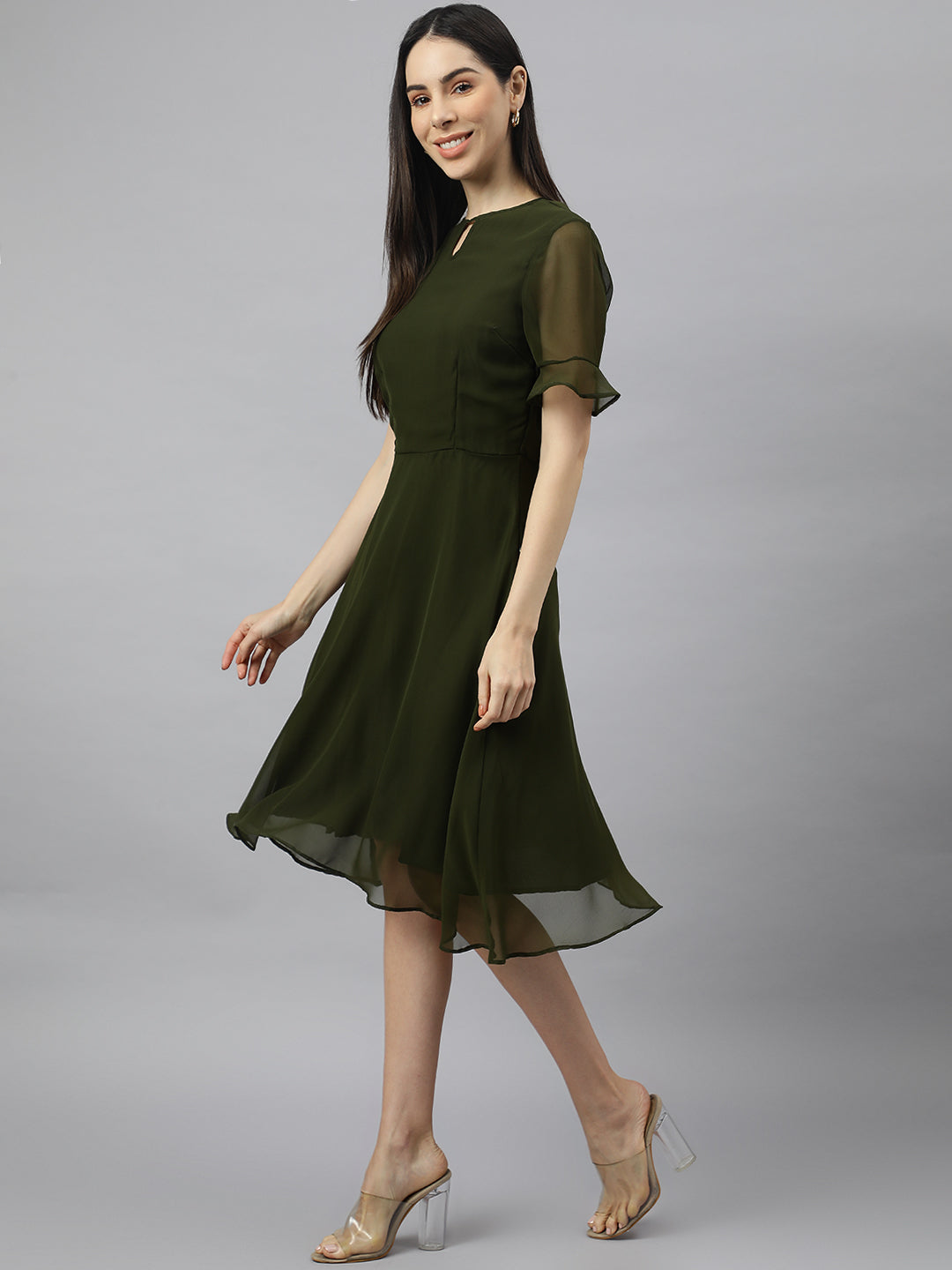 Green solid Midi Dress