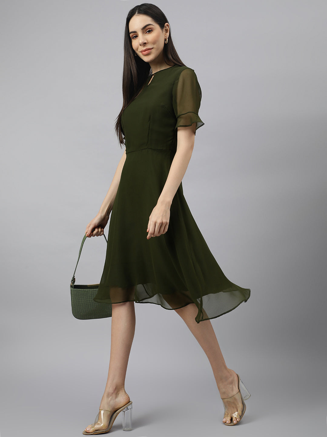 Green solid Midi Dress