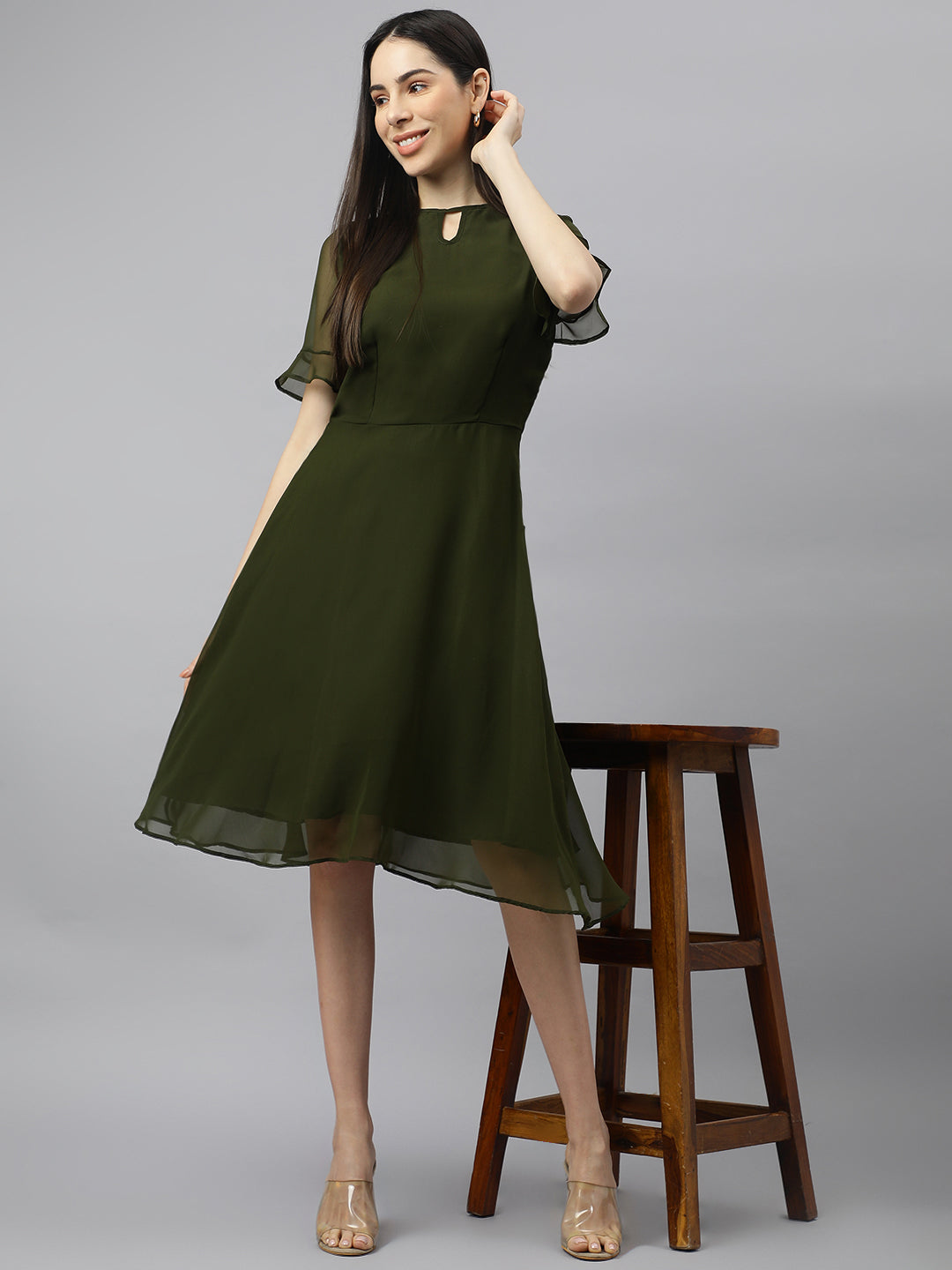 Green solid Midi Dress