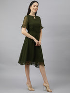 Green solid Midi Dress