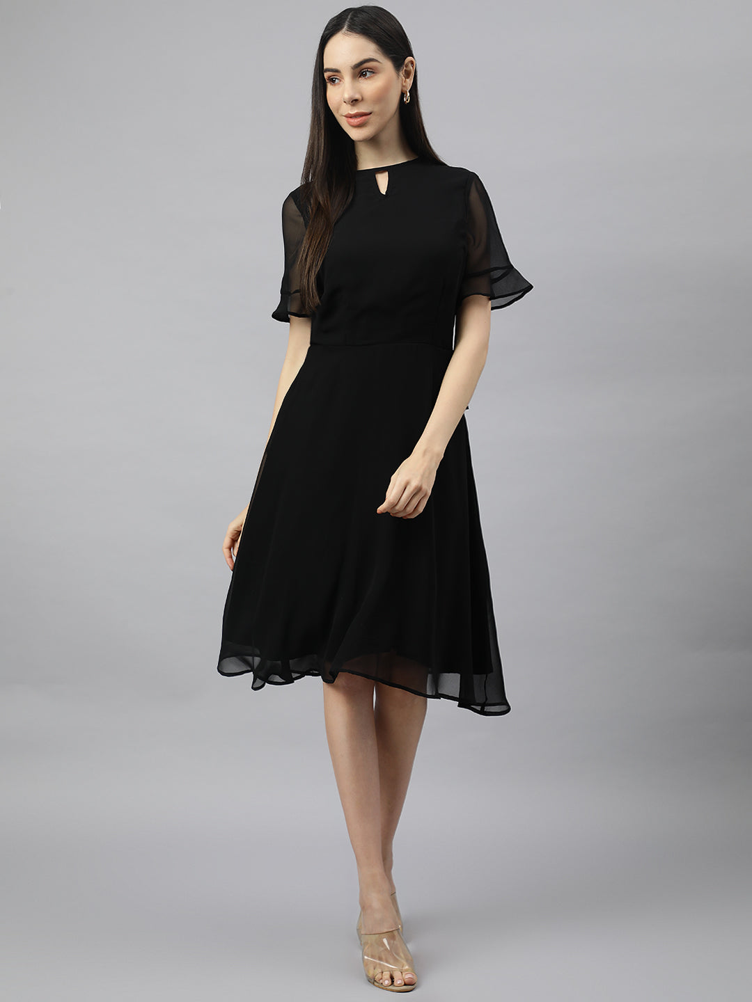 Valbone Women’s Black Georgette Floral Printed Knee Length One Piece Dress