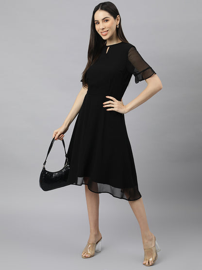 Valbone Women’s Black Georgette Floral solid Knee Length One Piece Dress