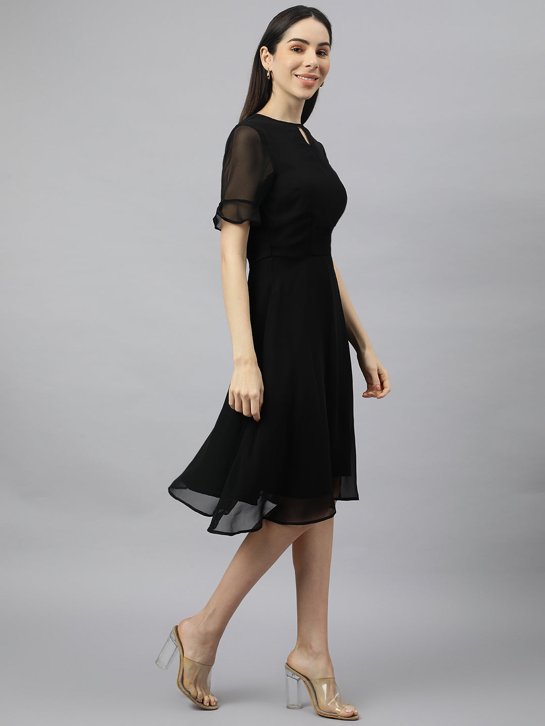 Valbone Women’s Black Georgette Floral Printed Knee Length One Piece Dress