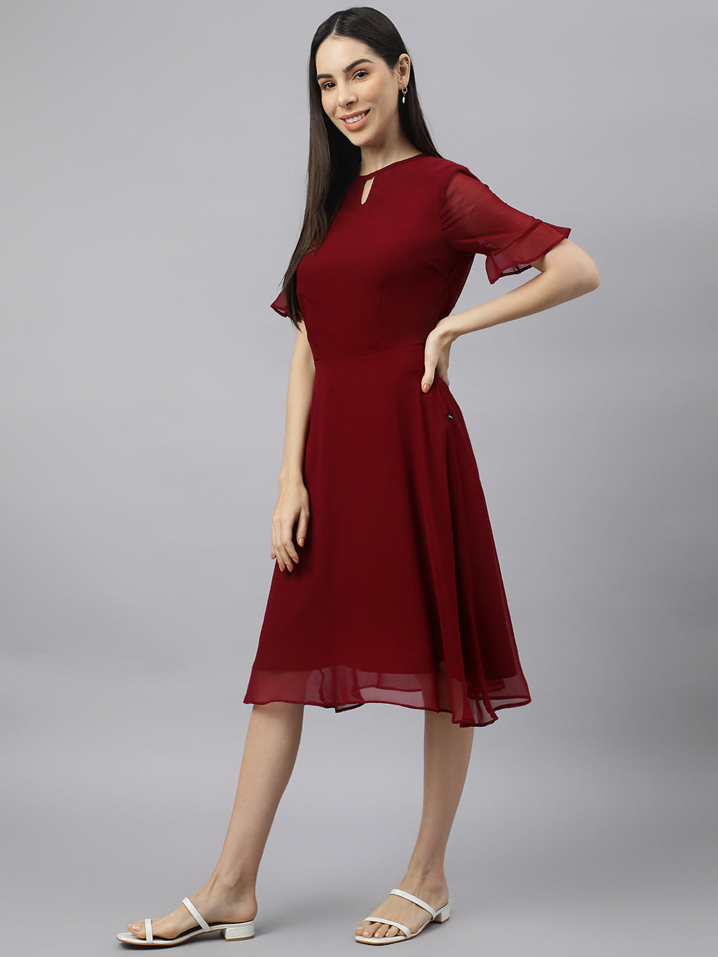 Red solid Midi Dress