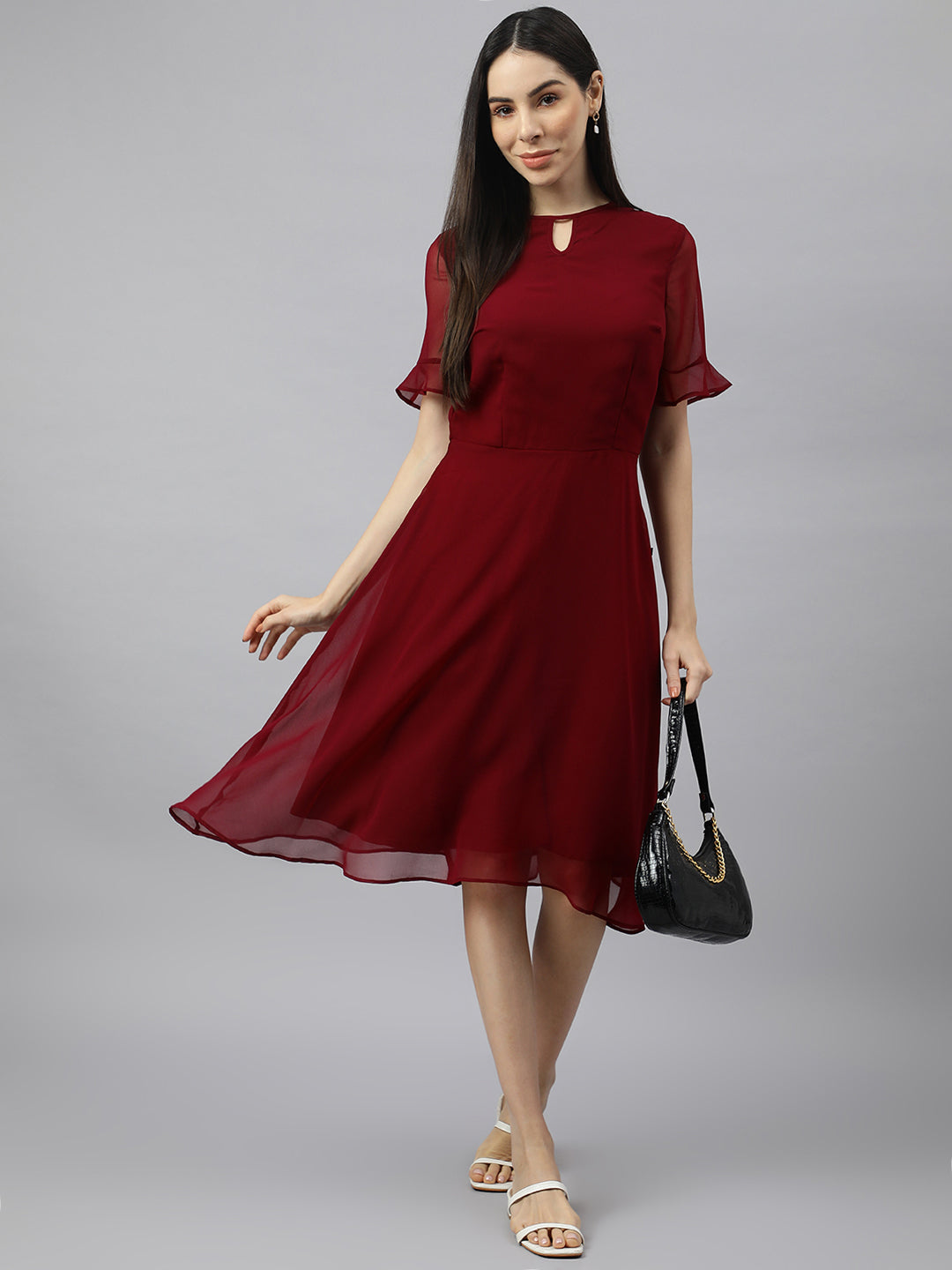 Red solid Midi Dress