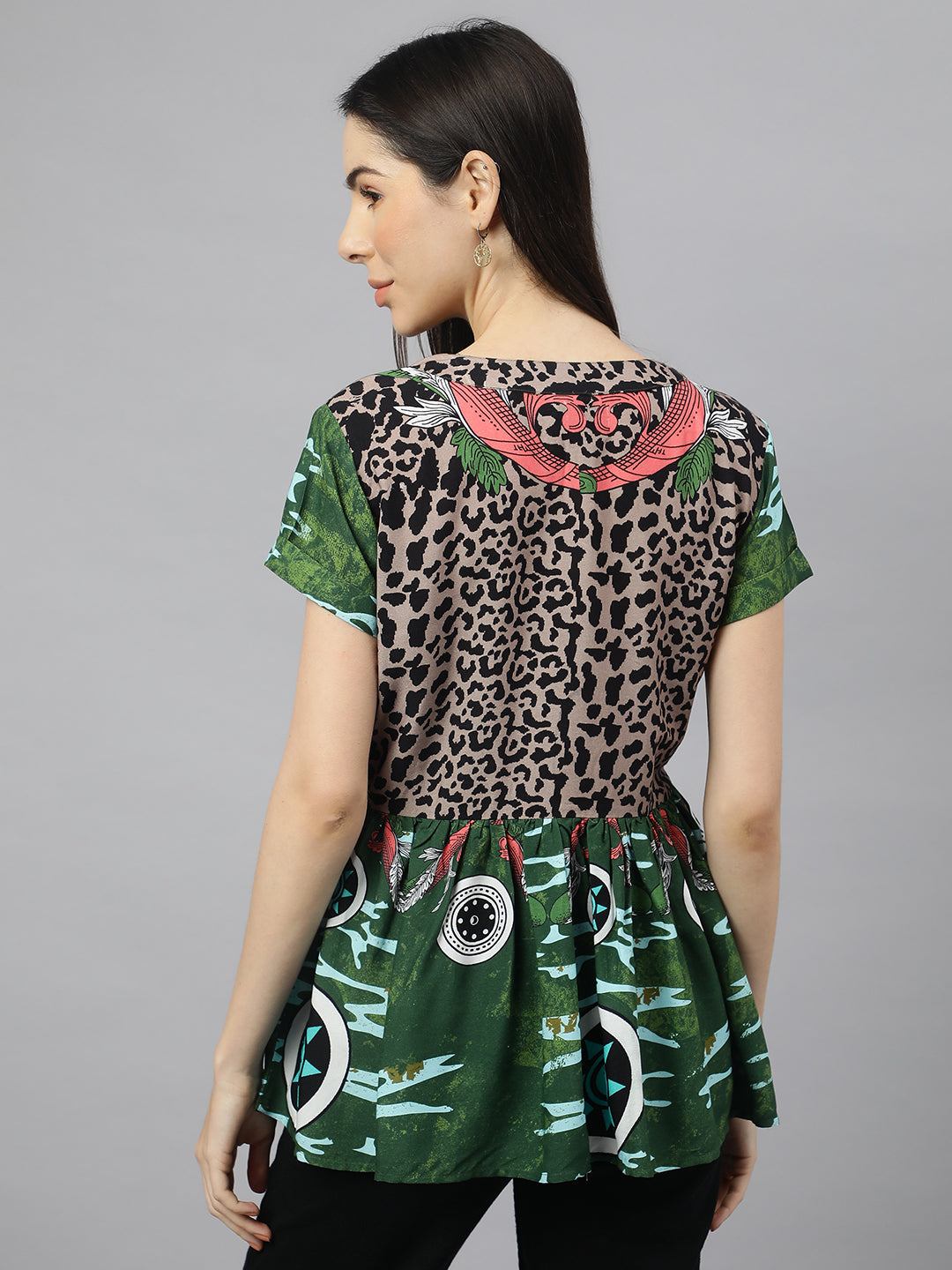 Valbone Women’s Green RAYON Floral Print Top Half Sleeves